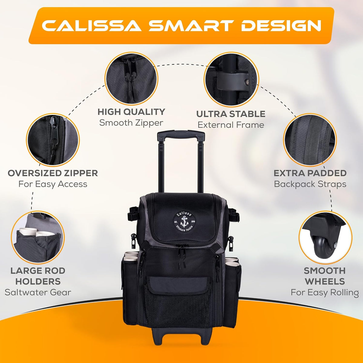 Calissa Offshore Rolling Fishing Tackle Box with Wheels, Waterproof Fishing Backpack with Rod Holders Storage Bag Roller