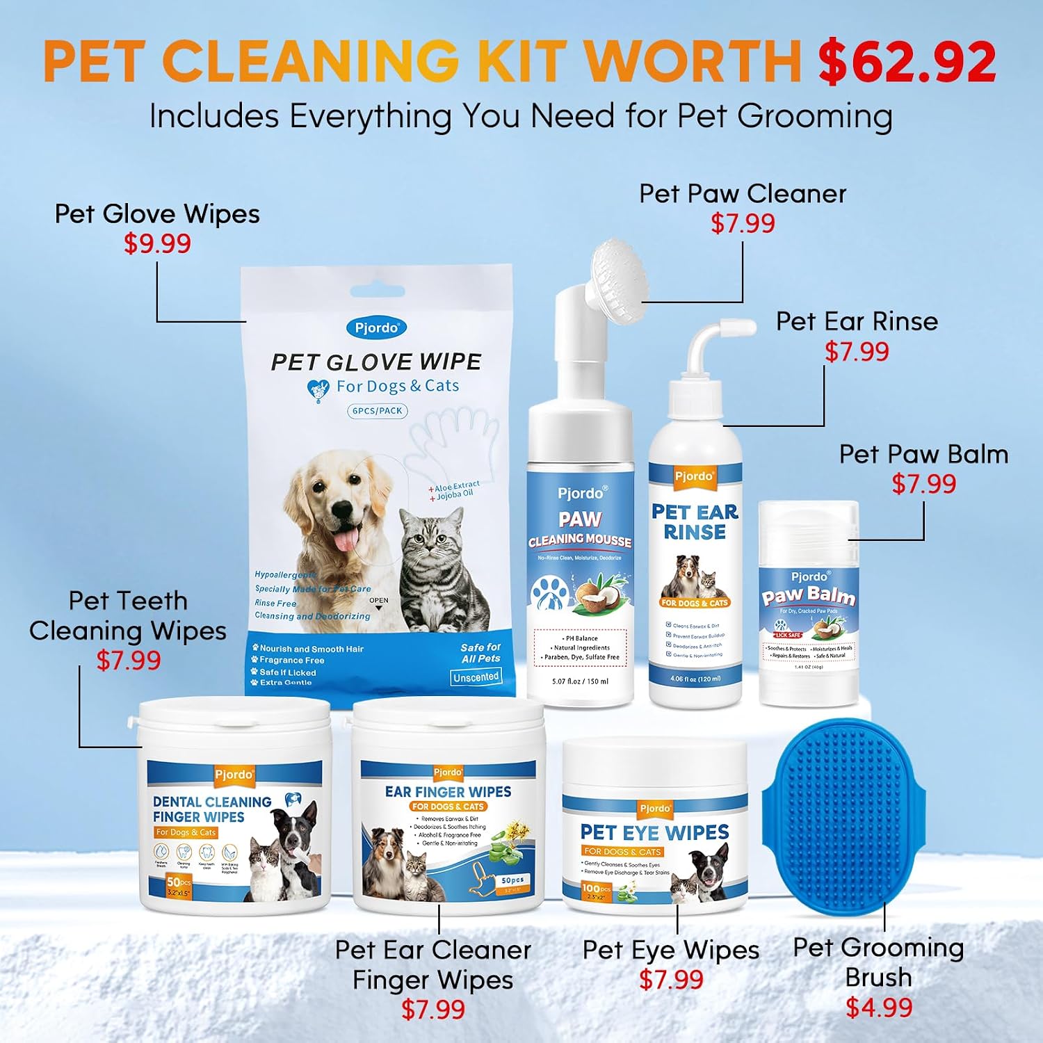 Pjordo Pet Essential Supplies for Dog & Cat, Cleaning Kit for Whole Body, Pet Wipes Cleaning Deodorizing, Grooming Wipes & Paw Cleaner, Finger Wipes for Teeth, Ear & Eyes, Suitable for Daily Care