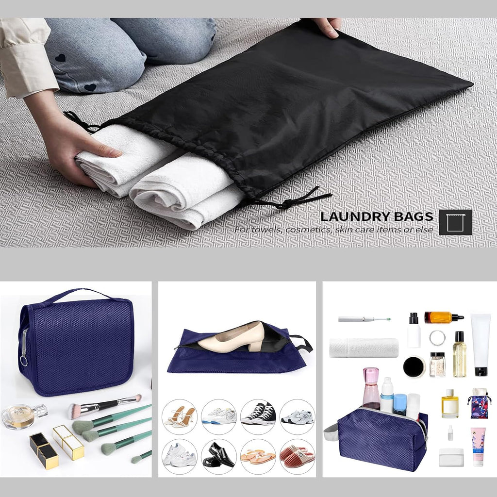 9-Set Packing Cubes with Hanging Bag | 9-Size Combination, Mesh Fabric & Reflective Stripe | Travel Luggage Organizers (Navy)