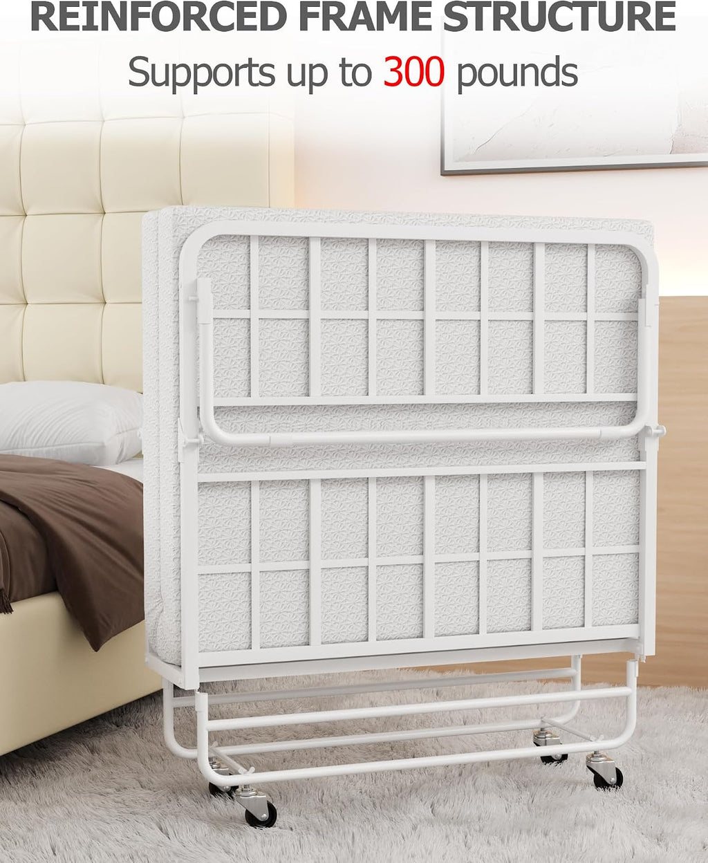 Folding Bed with Mattress Twin, Heavy Duty Steel Slat Frame, Portable Rollaway Bed with Firm Foam Mattress, Easy Assembly, Ideal for Guests & Camping, White
