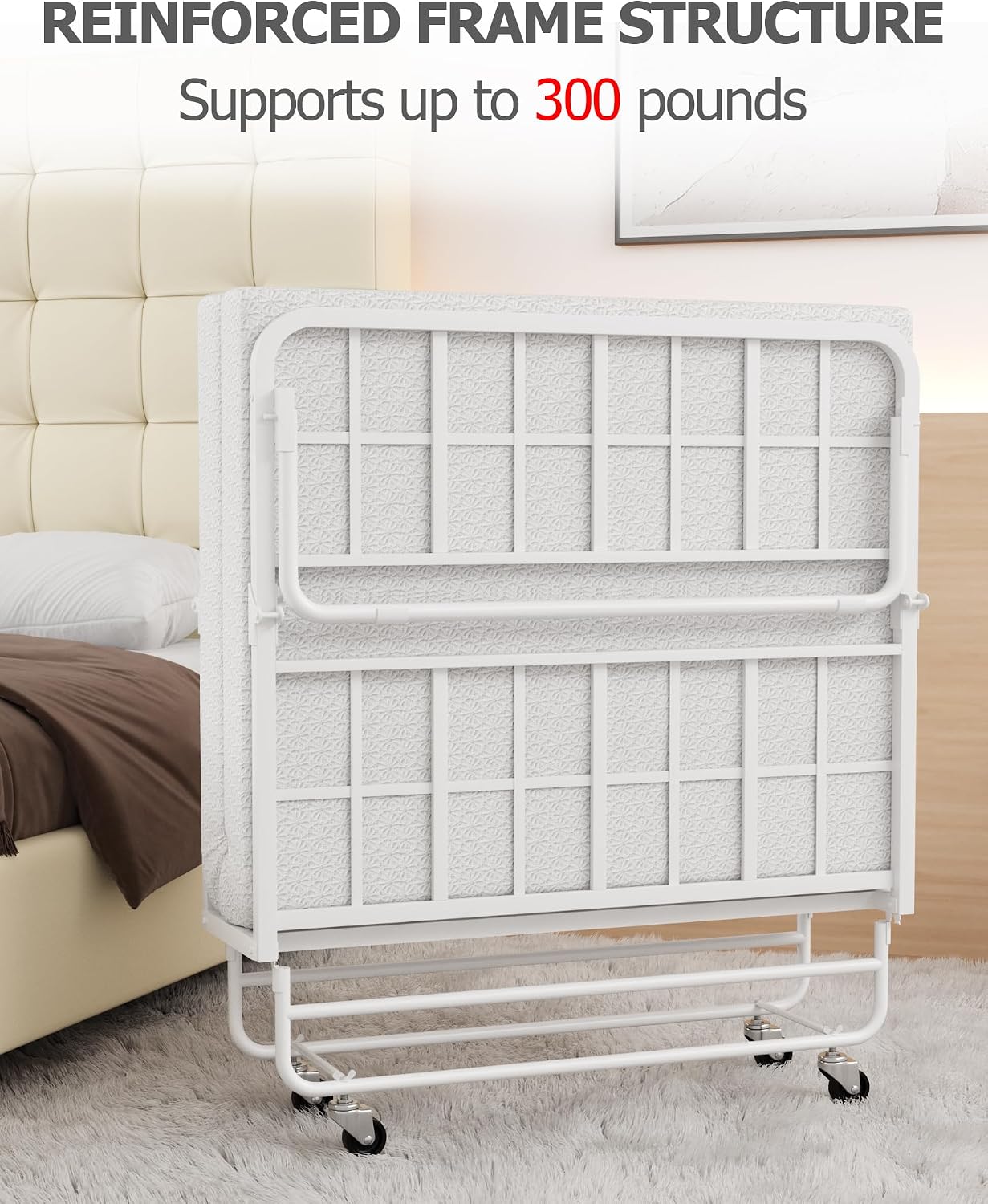 Folding Bed with Mattress Twin, Heavy Duty Steel Slat Frame, Portable Rollaway Bed with Firm Foam Mattress, Easy Assembly, Ideal for Guests & Camping, White
