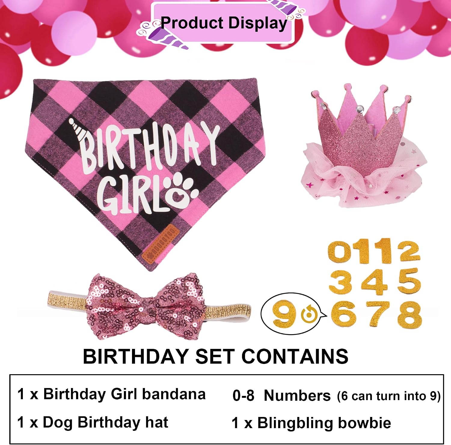 ADOGGYGO Dog Birthday Hat Bandana Set, Pink Plaid Girl Dog Bandana, Small