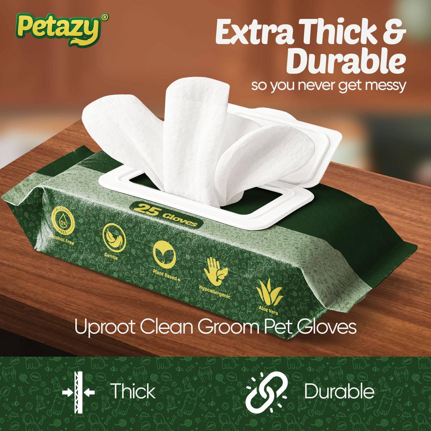 Petazy Pet Glove Wipes for Dogs & Cats - Paws, Ears & Butt Cleaning, 25 pk