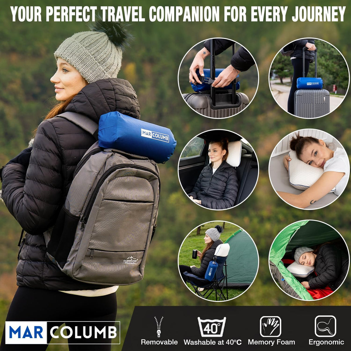 Travel & Camping Comfortable Memory Foam Pillow – Easy to Carry Portable Bag – Temperature Regulating Pillow Case - Perfect for Travelling (White)