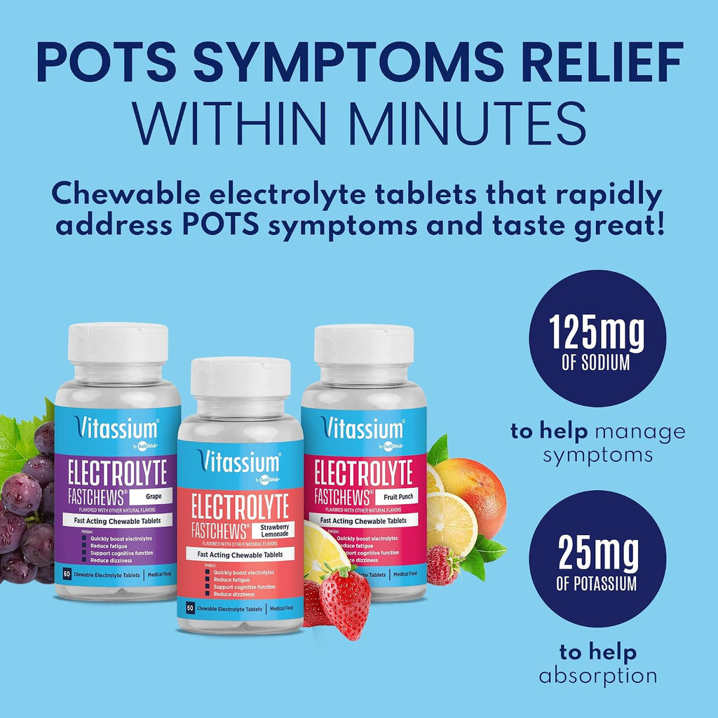 Vitassium FastChews, Chewable Electrolyte Tablets for Management of POTS and High Sodium Diets, Fast-Acting Sodium Tablets, Fruit Punch, 60 Count