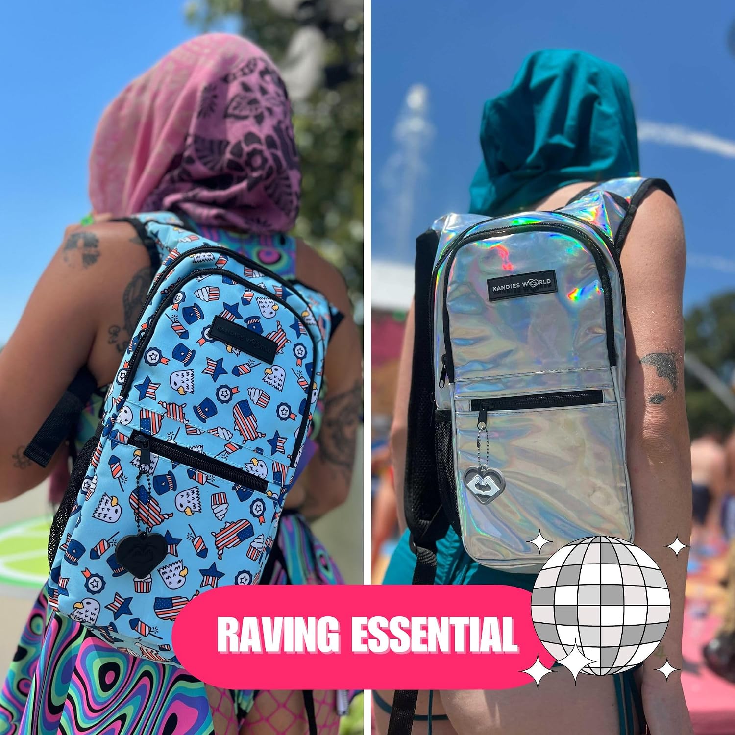 Kandies World Reflective Festival Hydration Pack - 2L Hydropack for Raves, Hiking, Biking, Running, and More (with Anti-Theft Pocket)