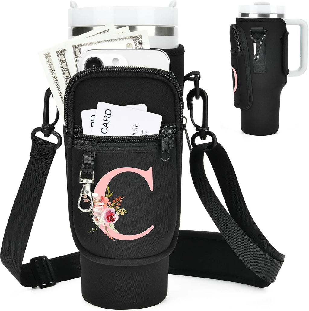 Initial Water Bottle Holder with Strap for Stanley Cup Accessories 40 oz/Simple Modern Tumbler, Birthdays for Women Girls, Water Bottle Carrier Bag with Phone Pocket,Hiking Walking Gym Camping