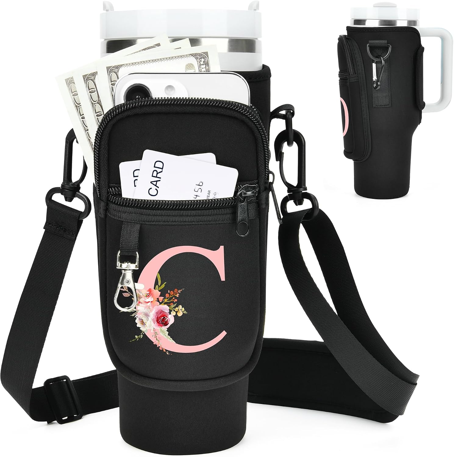 Initial Water Bottle Holder with Strap for Stanley Cup Accessories 40 oz/Simple Modern Tumbler, Birthdays for Women Girls, Water Bottle Carrier Bag with Phone Pocket,Hiking Walking Gym Camping