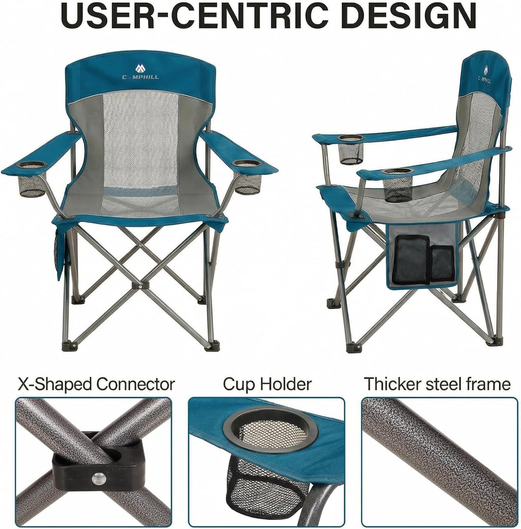2 Pack Camping Chairs for Adults,Oversized Mesh Back Lawn Chair with Cup Holder, Side Pocket&Bag for Outdoor,Beach,Picnic,Fishing,and Sports,Breathable,Heavy Duty,Blue