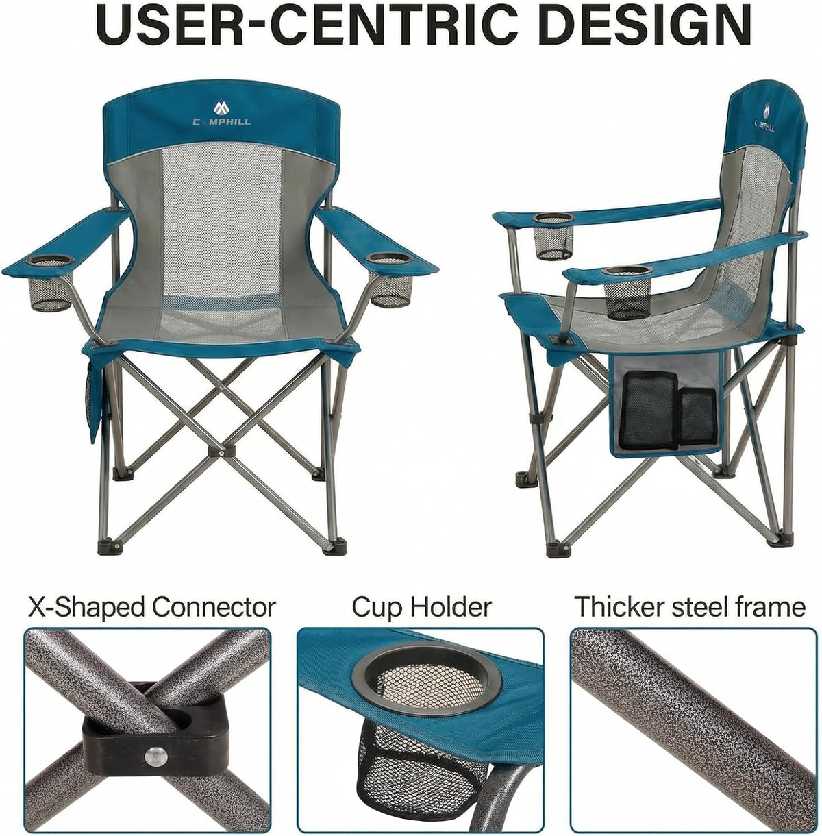 2 Pack Camping Chairs for Adults,Oversized Mesh Back Lawn Chair with Cup Holder, Side Pocket&Bag for Outdoor,Beach,Picnic,Fishing,and Sports,Breathable,Heavy Duty,Blue
