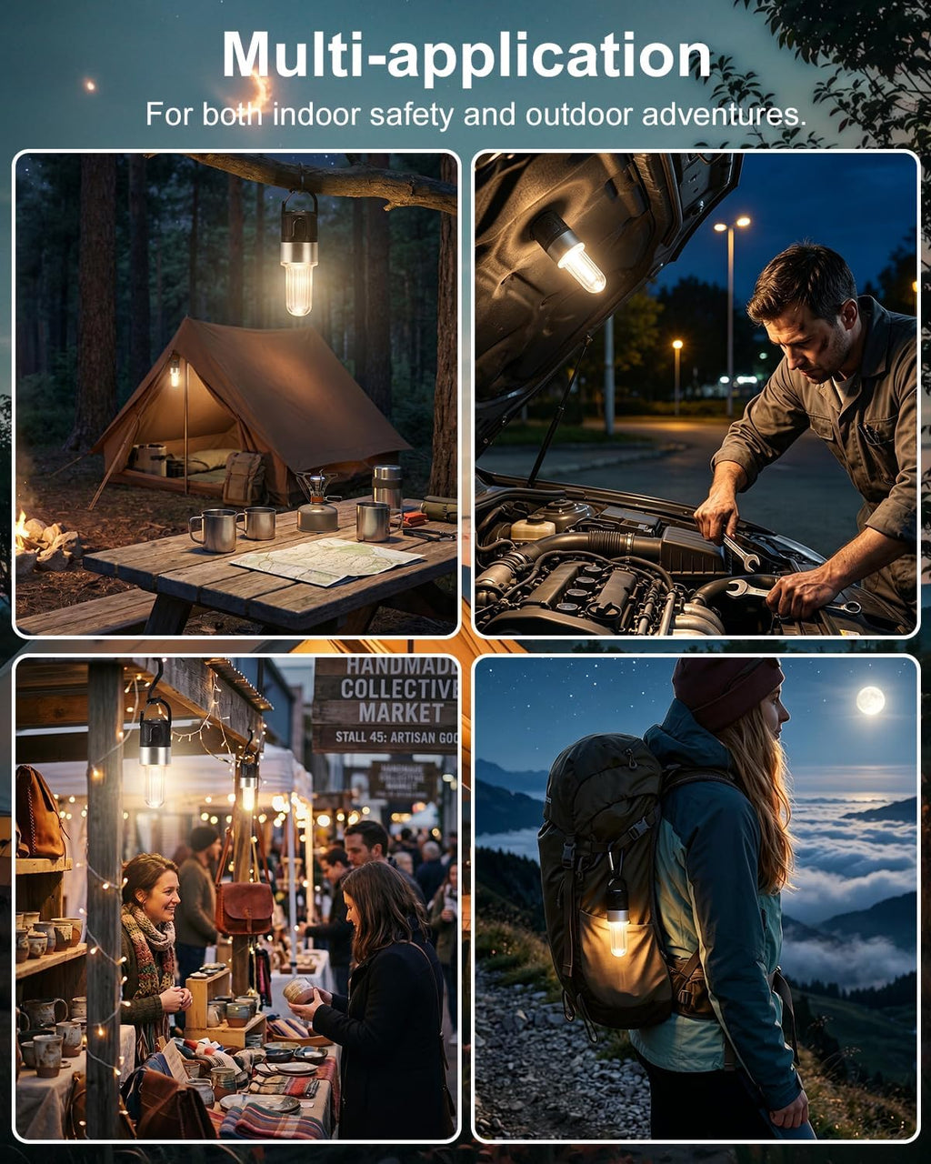 Livinlarge Led Camping Lantern USB Rechargeable with Hook,4 Lighting Modes,