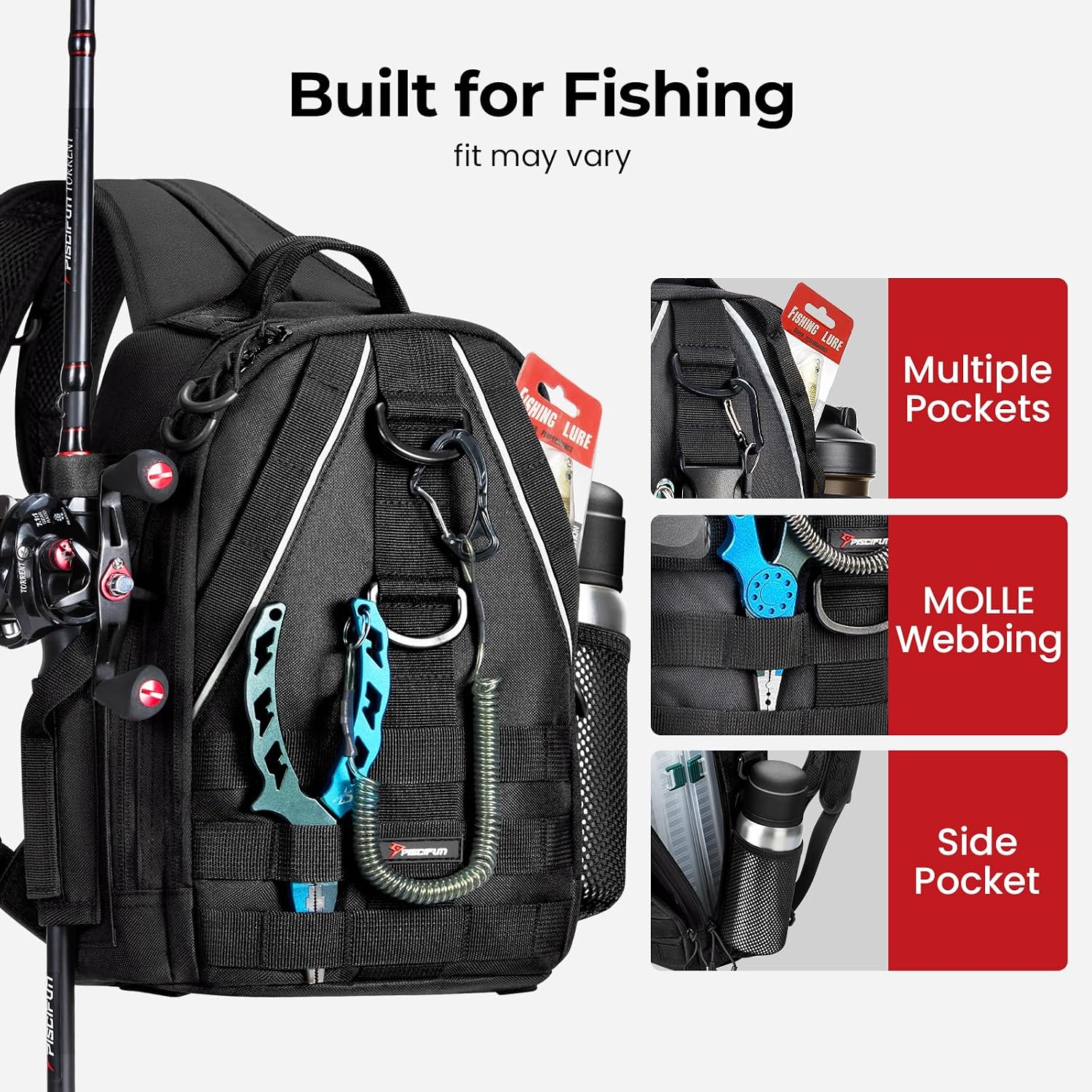 Piscifun Fishing Backpack, Rod Holders, Lightweight Sling Bag, Black