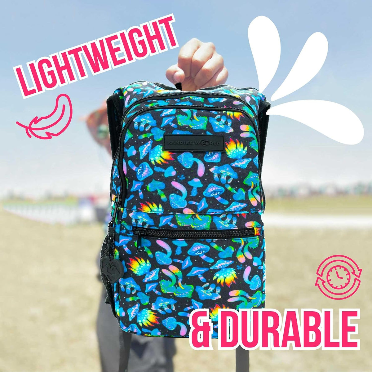 Kandies World Reflective Festival Hydration Pack - 2L Hydropack for Raves, Hiking, Biking, Running, and More (with Anti-Theft Pocket)