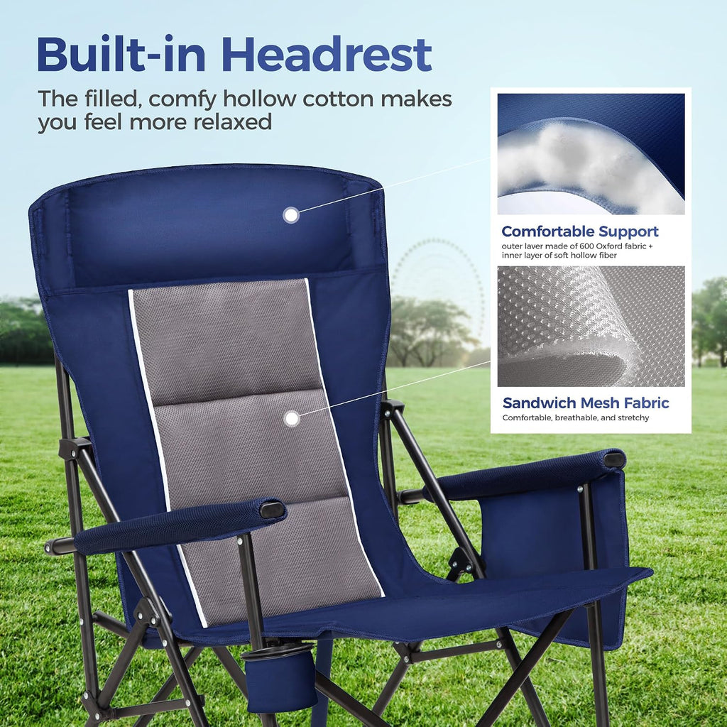 ALPHA CAMP Heavy Duty Camping Chairs with Cup Holder Oversized Folding Chair 500LBS Capacity Outdoor Chair with Headrest,Lawn with Side Pocket for Lawn, Sports and Fishing