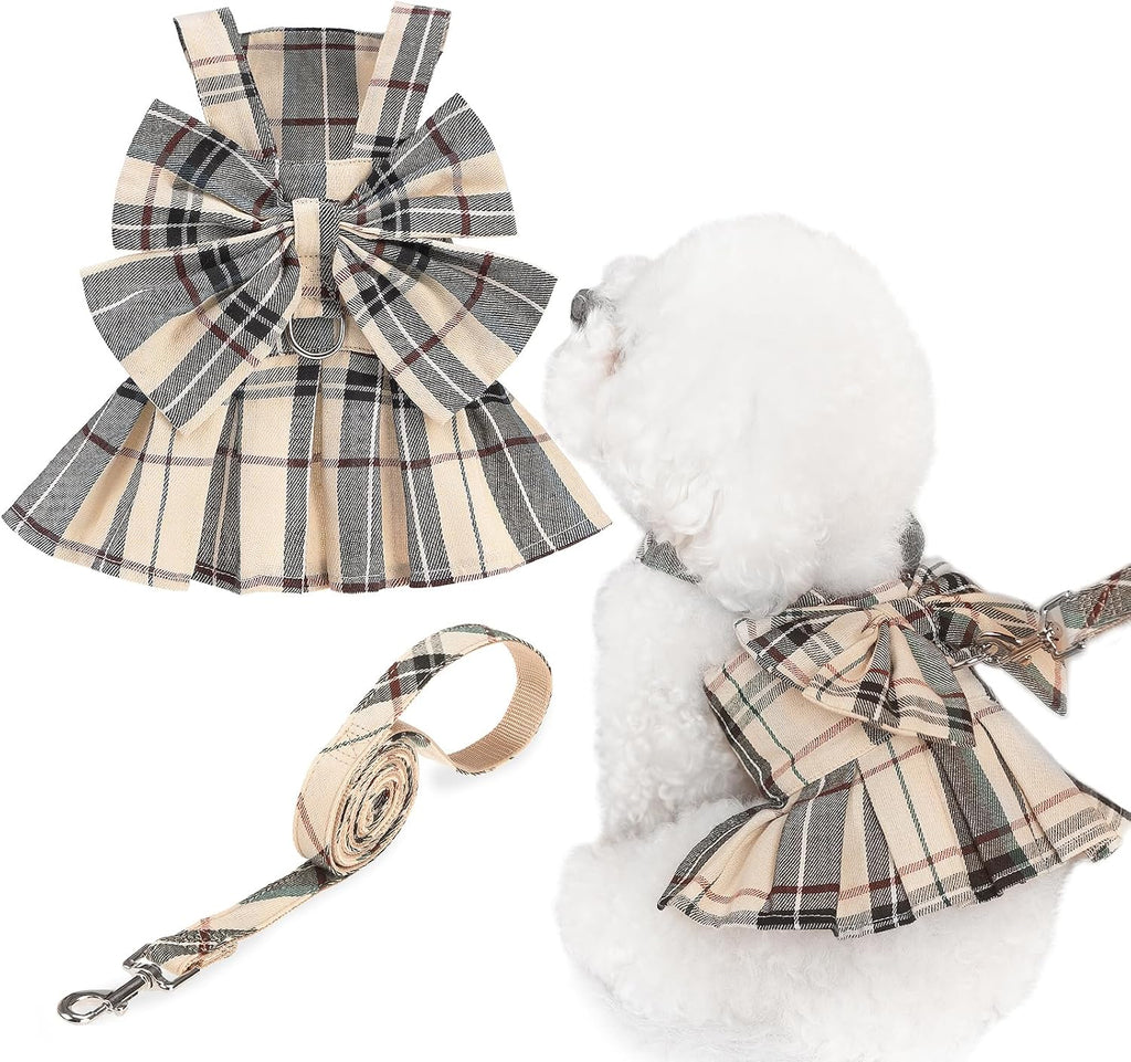 PUPTECK Classic Plaid Dog Dress with Bowknot Harness and Leash Set S