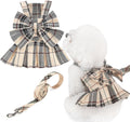 PUPTECK Classic Plaid Dog Dress with Bowknot Harness and Leash Set S