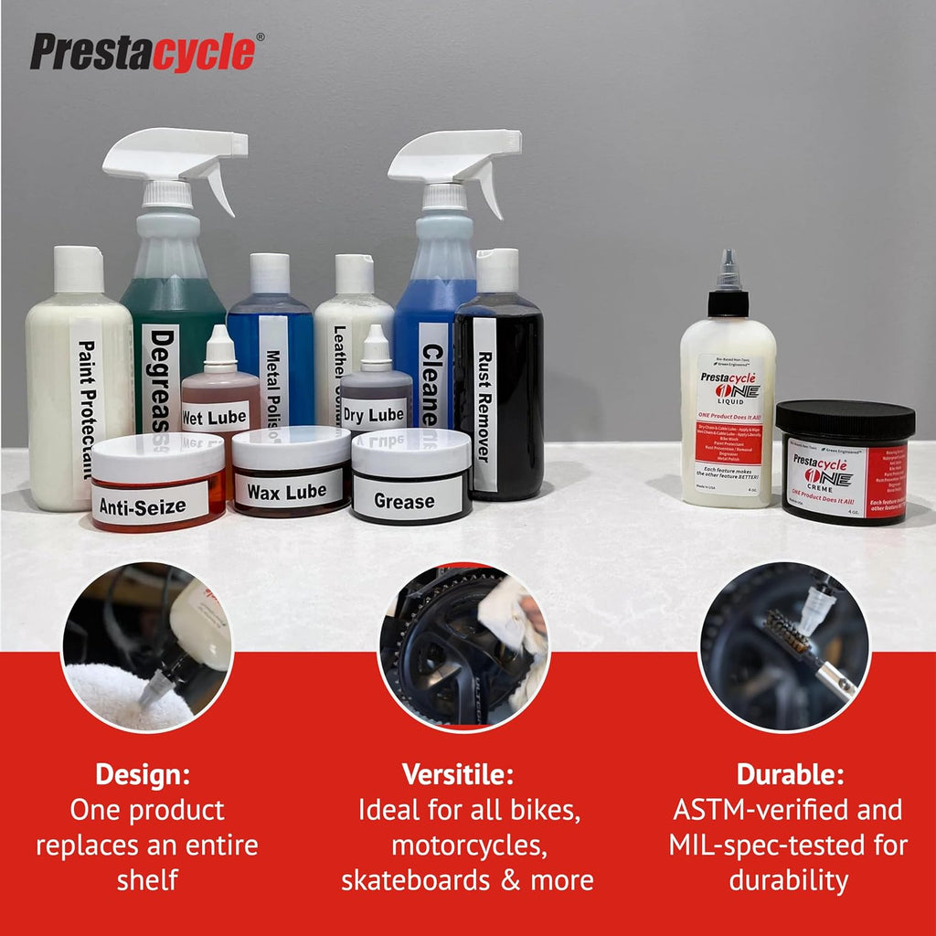 Prestacycle One Liquid, Bike Chain Lubricant and Cleaner, All-in-One Bicycle Lube, Degreaser, Paint Protectant, Metal Polish & Rust Remover, Without Alcohol or Petroleum