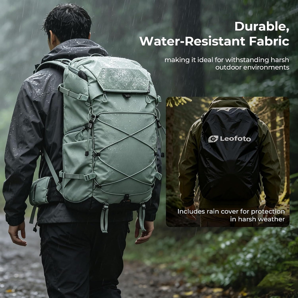 LEOFOTO 35L Camera Backpack for Photographer, Lightweight Waterproof Travel Camera Bag for Camera/Drone/15.6" Laptop, Photopraphy Bag with Side Access & Rain Cover, Tripod Compatible, 2.95KG (GREEN)