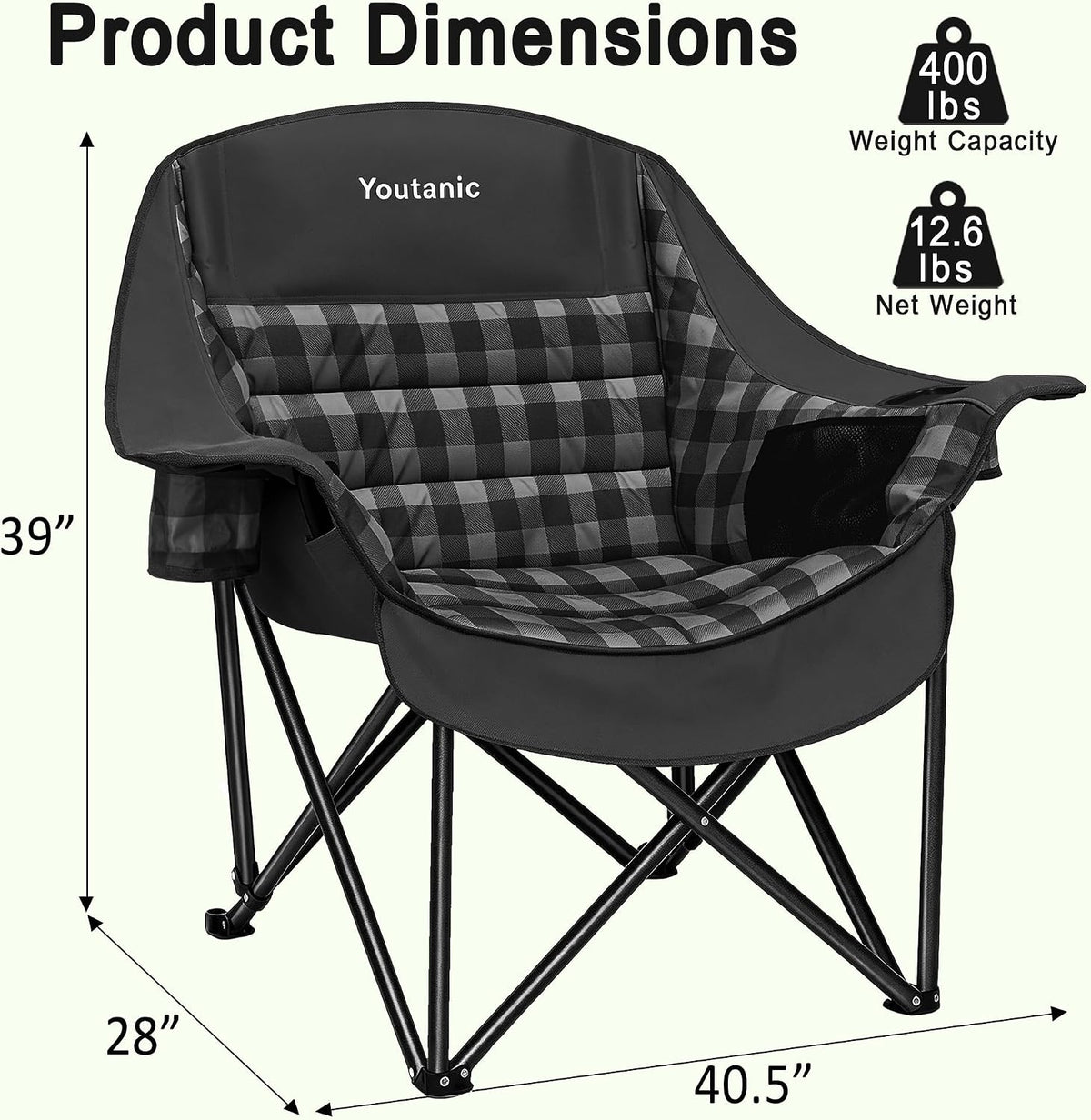 Youtanic Oversized Large Padded Camping Chair, 400 lbs Foldable Lawn Chair