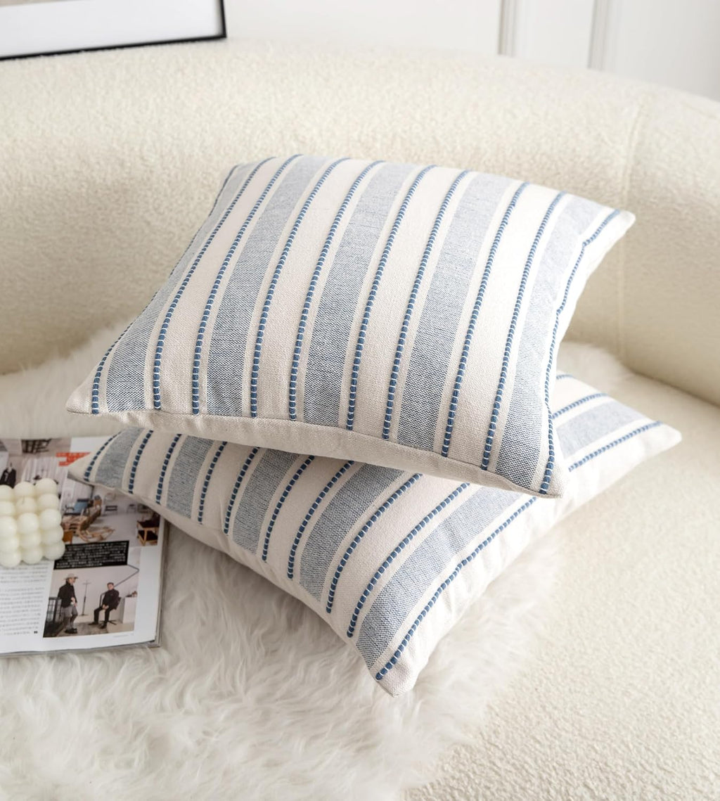 Cethom Decorative Boho Throw Pillow Covers, Farmhouse Textured Pillow Case, 18 x 18 Inch Set of 2, Chair Sofa Bedroom Living Room Home Decor Couch Cushion Case, Classic Blue and Beige Striped