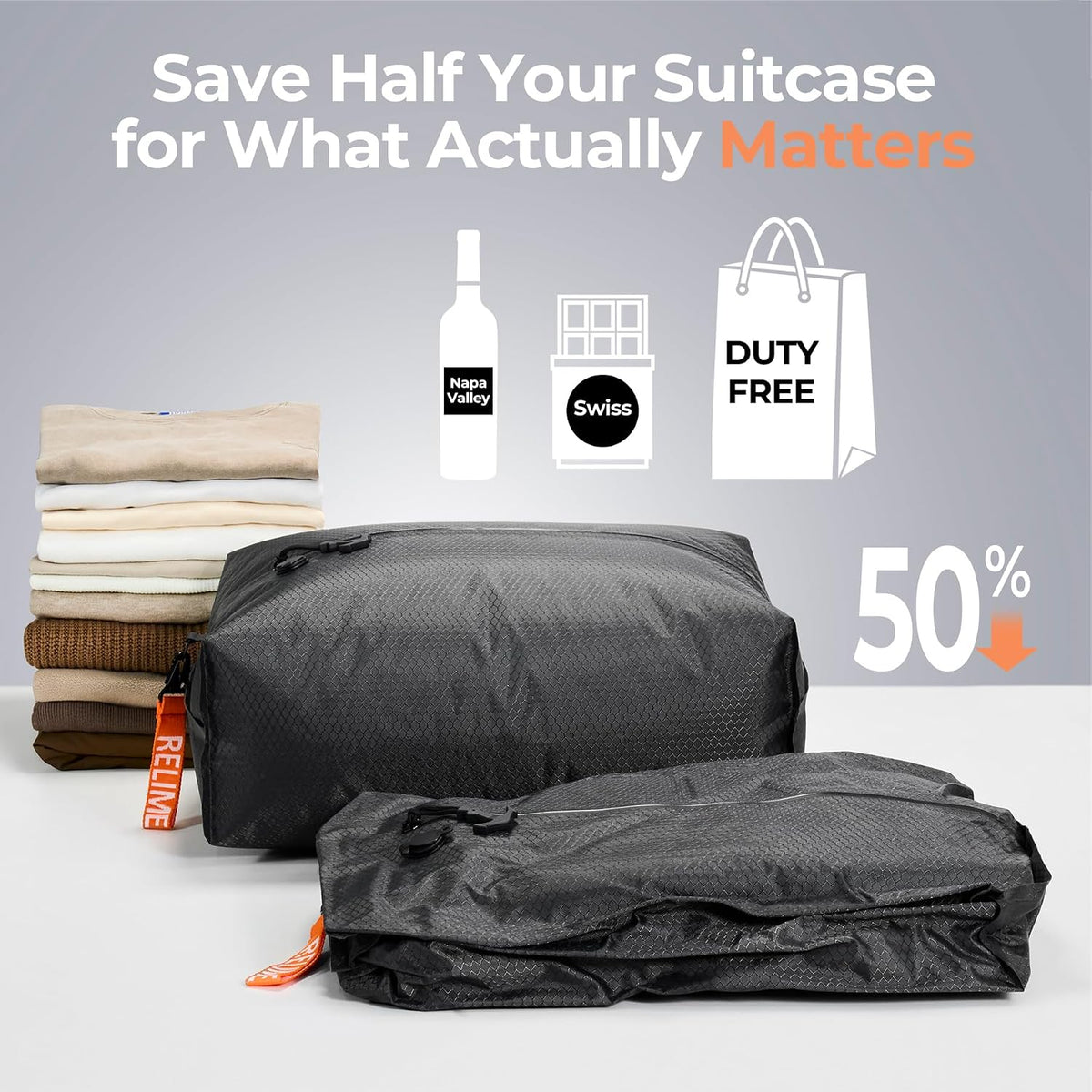 Relime Classic Series Vacuum Bags for Travel Luggage with Wireless Pump, Compression Bags for Carry On Suitcases and Backpack, Vacuum Seal Packing cube for Cloth Packing (1PC + PUMP)