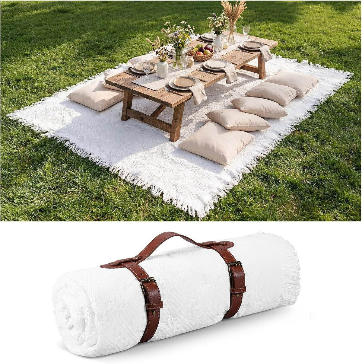 Frienda 72 x 92 Inch Large White Outdoor Picnic Blanket Woven Cotton
