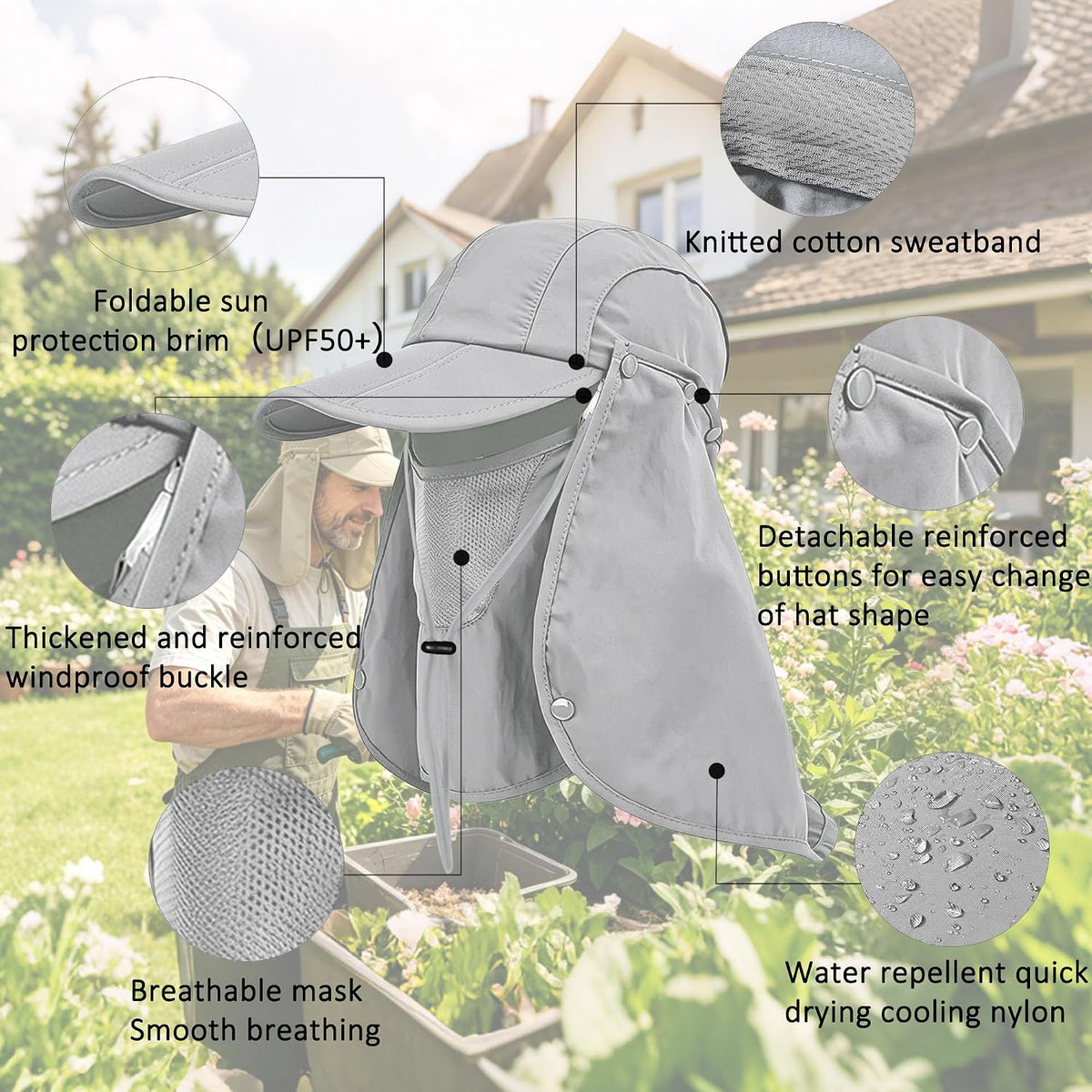 2Pack Men’s Foldable Sun Hat with Removable Face Mask & Neck Flap, UPF 50+ UV Protection, Quick-Drying Outdoor Fishing Cap