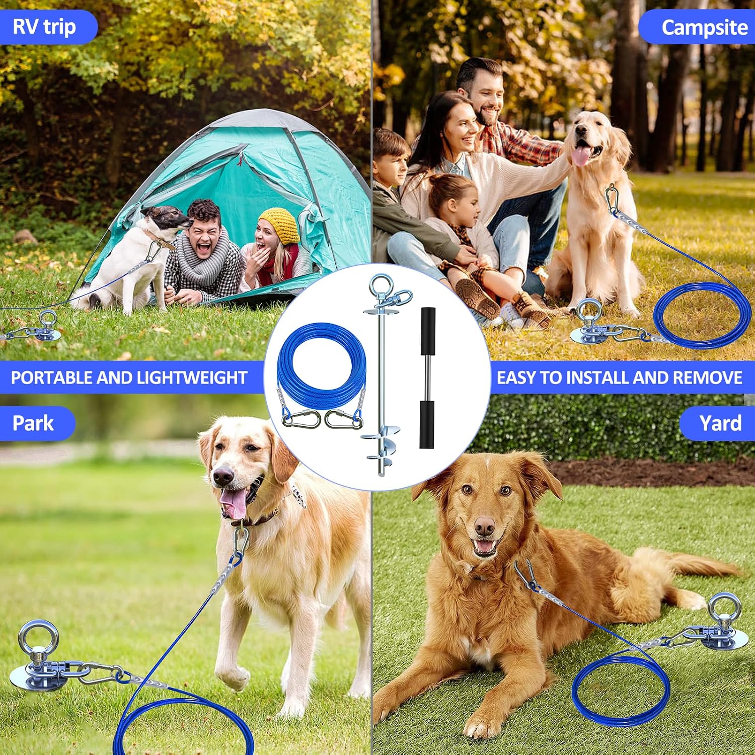 TOPKNOT Dog Tie Out Cable and Stake,360°Swivel Dog Run Anchor，with 30FT Heavy Duty Cable- No Tangle,Dog Runner for Yard - Up to 150LBS,Ideal for Outdoor Camping