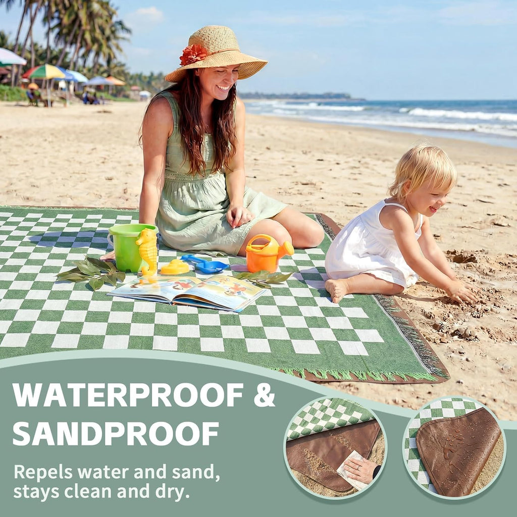 RYCHIC 2 in 1 Extra Large Outdoor Rug Picnic Mat Woven Summer Throw Blanket Boho Giant Beach Travel Essential Yoga Accessories Park Patio Lawn Garden Grass Ground Play Music Festival Concert Must Have