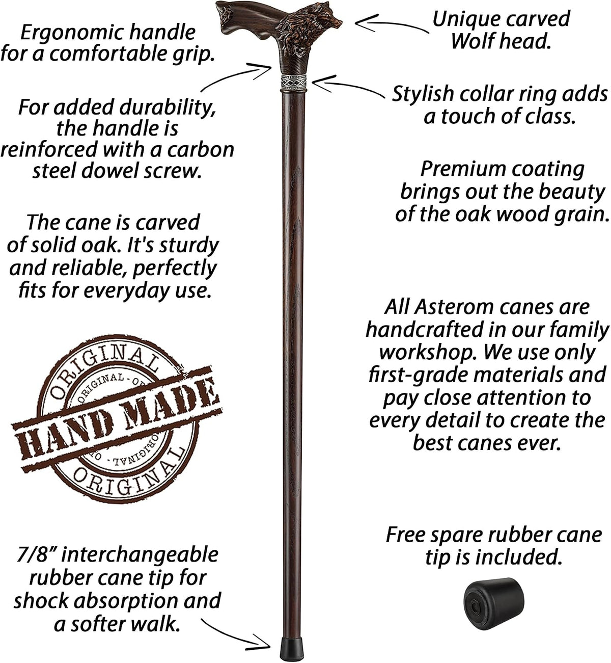 Asterom Walking Cane - Handmade Wolf Cane - Cool Walking Canes for Men and Women - Wooden, Carved, Unique - Walking Sticks for Men & Seniors