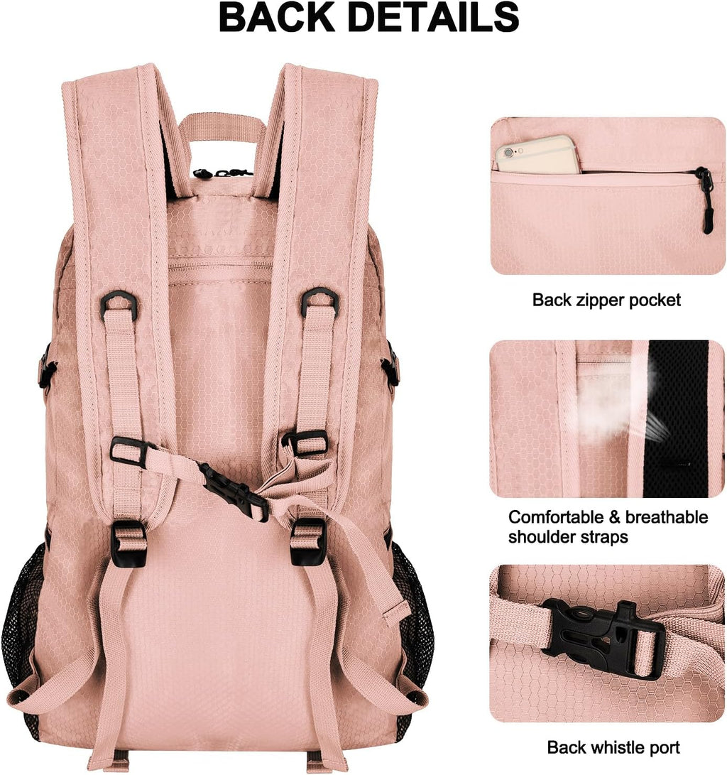 Goloni 45L Hiking Backpack Lightweight Foldable, Waterproof Camping Backpack with Rain Cover & Hiking Pole Mat Carrying System, Ergonomic Water Resistant Daypack for Trekking Travel Men Women Pink