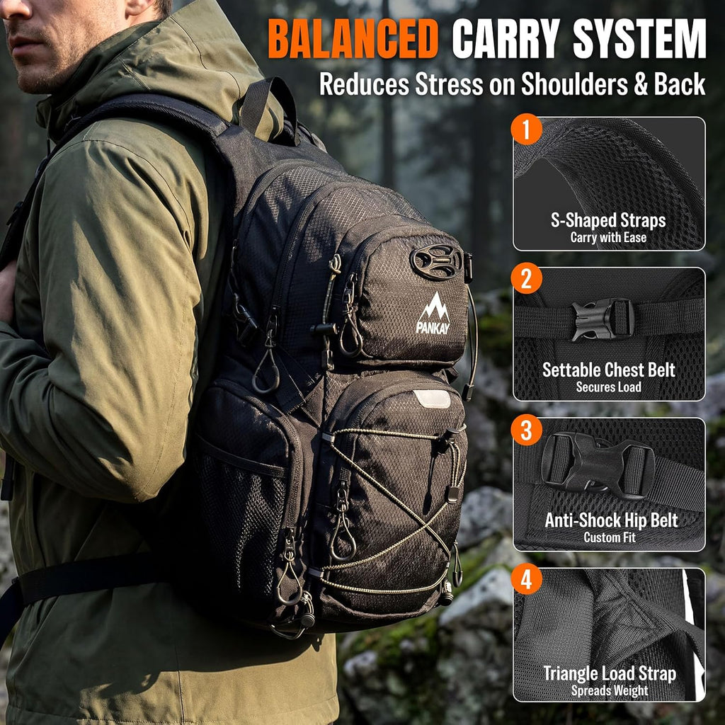 25L Hydration Hiking Backpack with Water Bladder, Detachable Phone Pouch