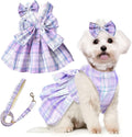 PETCARE Cute Dog Dress Clothes for Small Dogs Cats Girl Female Purple Plaid Bow Tie Dog Harness Dresses Leash Set with Pearls Bow Accessories Birthday Puppy Dress Shih Tzu Yorkies Chihuahua Outfits