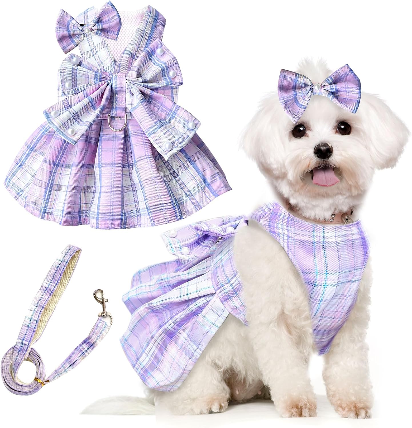 PETCARE Cute Dog Dress Clothes for Small Dogs Cats Girl Female Purple Plaid Bow Tie Dog Harness Dresses Leash Set with Pearls Bow Accessories Birthday Puppy Dress Shih Tzu Yorkies Chihuahua Outfits