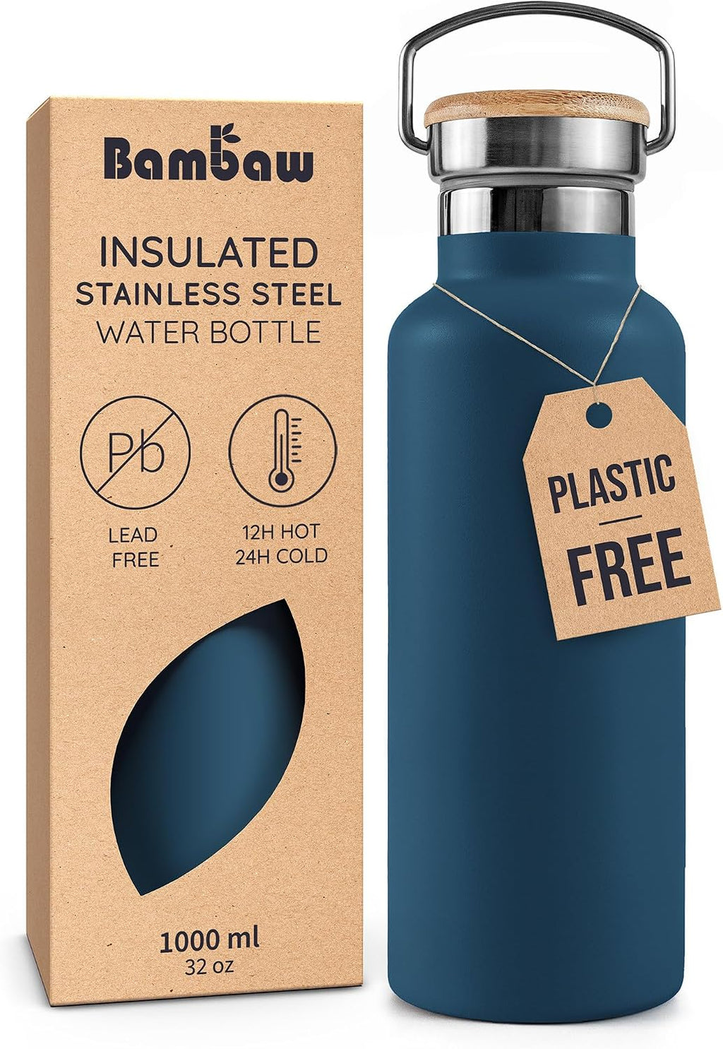 Bambaw Insulated Water Bottle 32 oz, Reusable Water Bottle Stainless Steel, For Hot & Cold Drinks, Wide Mouth for Easy Cleaning, Rust-Resistant & Durable (Aegean Blue)