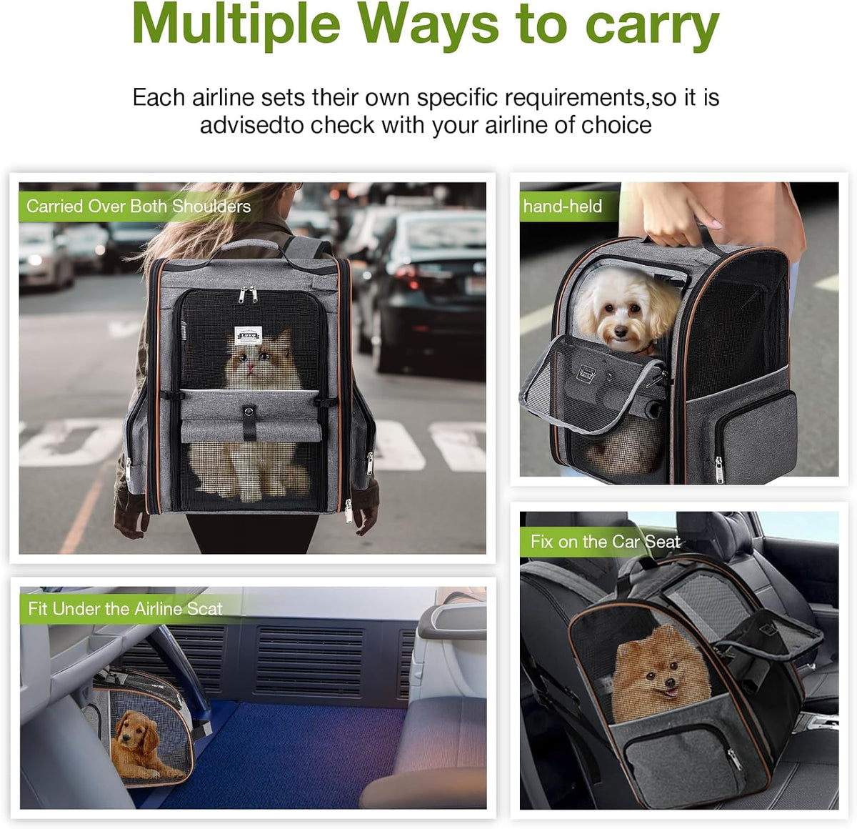 Cat Carrier Backpack, Expandable Pet Carrier with Sun Shade & Full Front Opening, Breathable Mesh Backpack for Small Dogs & Medium Cats Up to 18 Lbs, Foldable for Hiking, Camping (Grey)