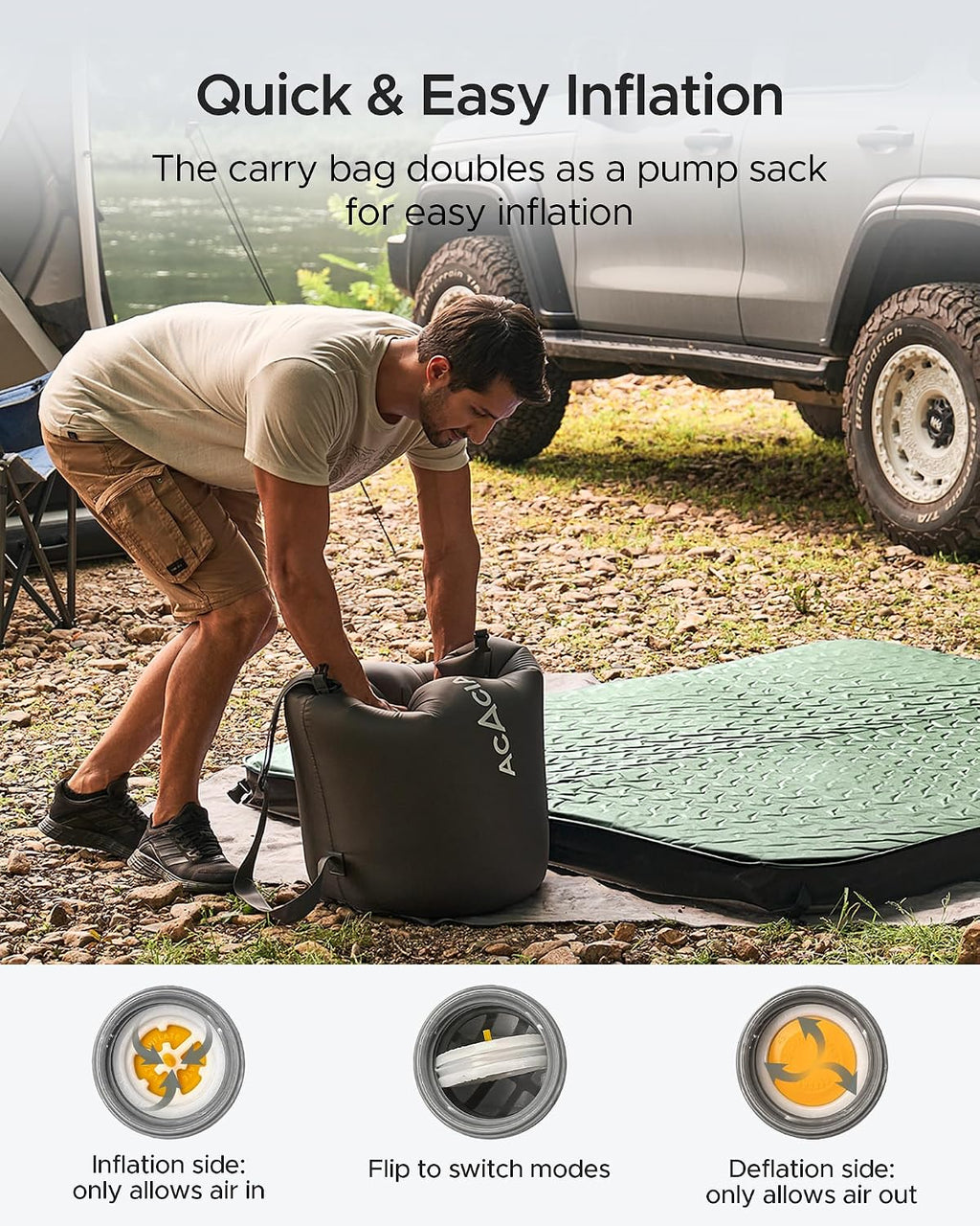 Acacia 4" Thick Self Inflating Sleeping Pad with Foam, Innovative Y-Shaped Telescopic Structure, Ultraportable Camping Air Mattress with Pump Sack, Easy Roll Up Sleep Bed for Travel Tent Car