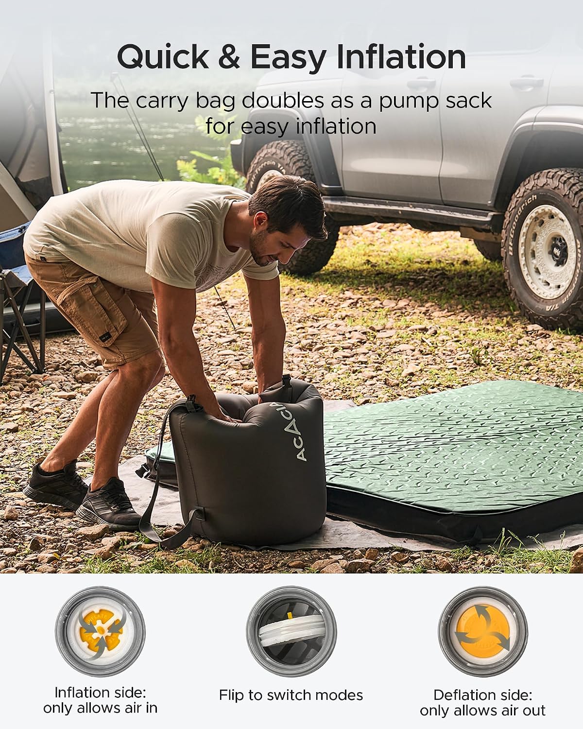 Acacia 4" Thick Self Inflating Sleeping Pad with Foam, Innovative Y-Shaped Telescopic Structure, Ultraportable Camping Air Mattress with Pump Sack, Easy Roll Up Sleep Bed for Travel Tent Car