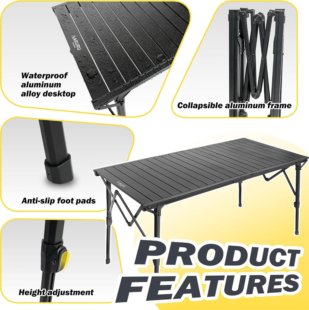 50" Large Folding Camping Table with Adjustable Hight Legs for 2-6 People - Heavy Duty Foldable Camp Table with Roll-Up Aluminum Picnic Table, Portable Outdoor Table for Cooking,Beach,BBQ,Party