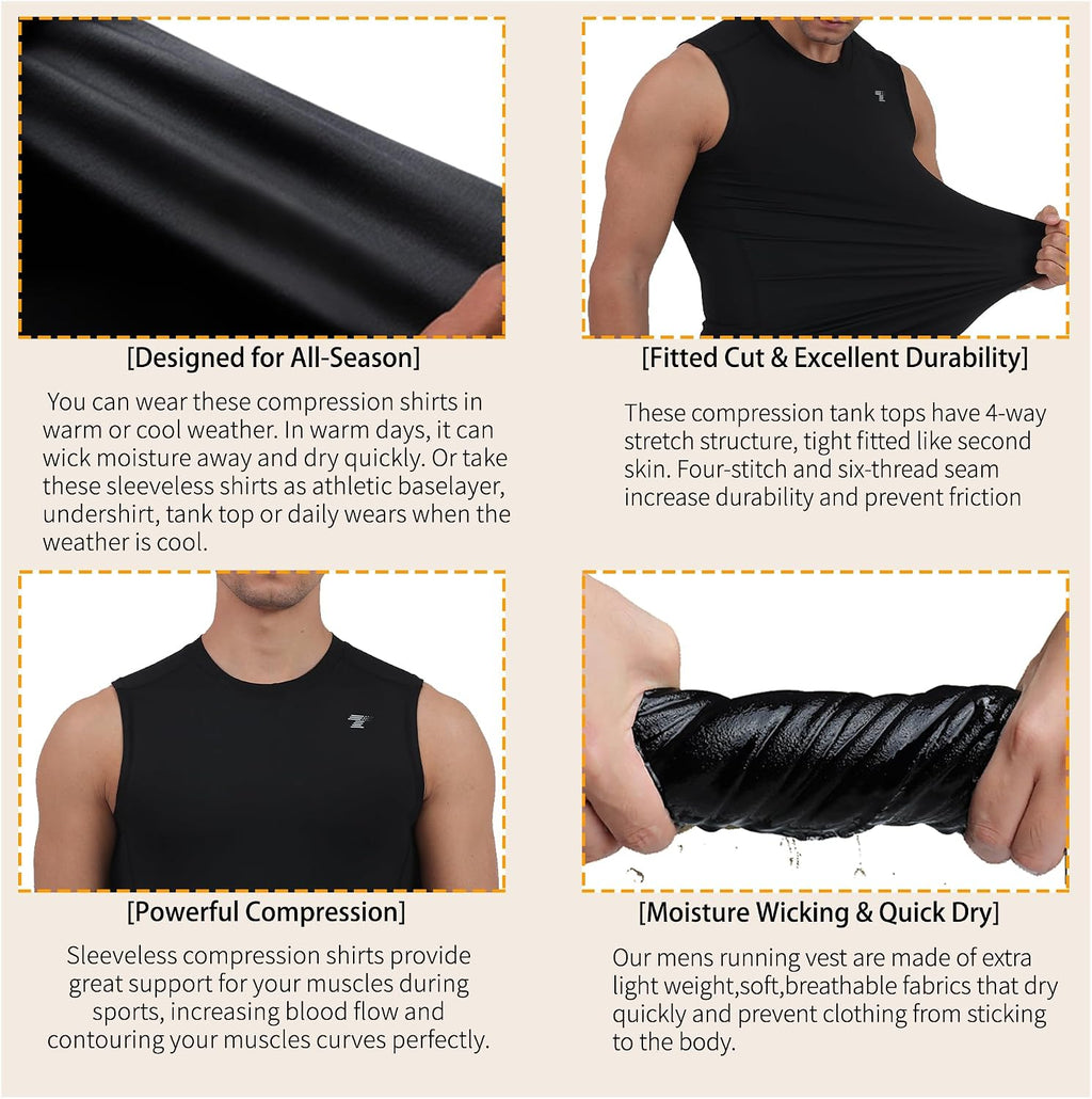 5 Pack Men's Compression Shirts Sleeveless Workout Tank Top BaseLayer