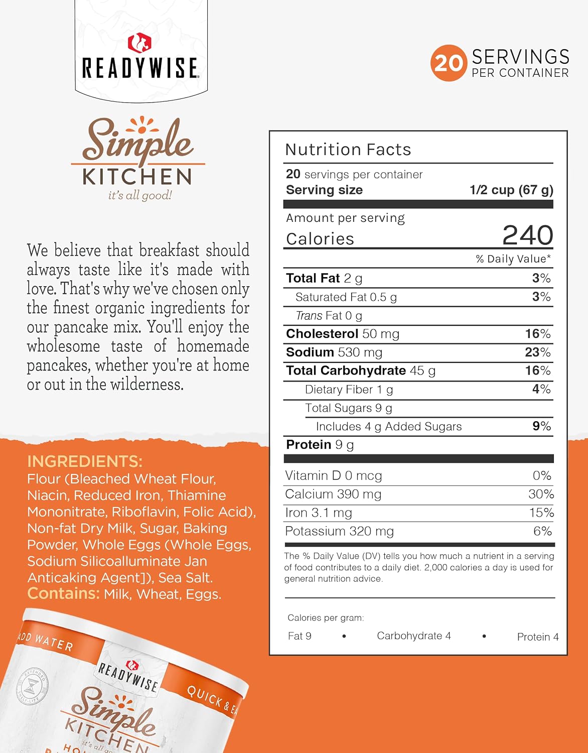 SIMPLE KITCHEN Homestyle Pancake Mix #10 Can, 20 Servings, Camping Meals