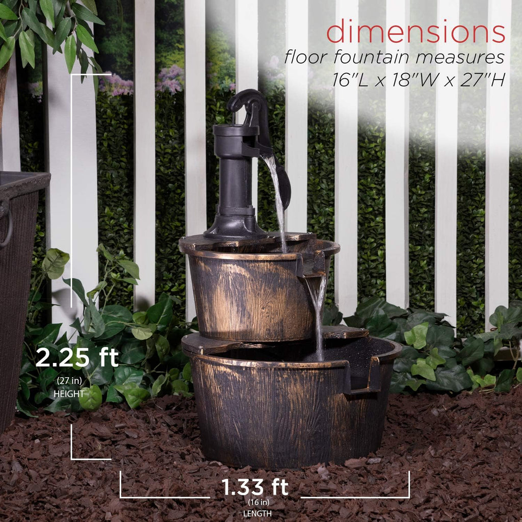 Alpine Corporation 27" Tall Rustic Outdoor 2-Tier Barrel Pump Water Fountain with Soothing Cascading Water Flow for Patio, Yard, Porch, or Landscape, Bronze