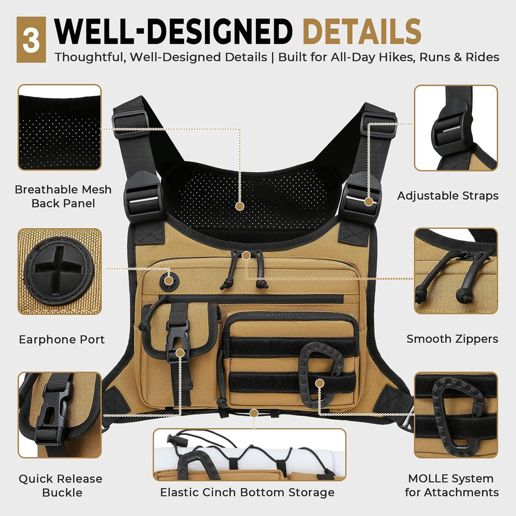 Muserise Outdoor Chest Bag For Men and Women, Tactical Vest For Running, Cycling, EDC Chest Pack Rig For Sports and Workouts