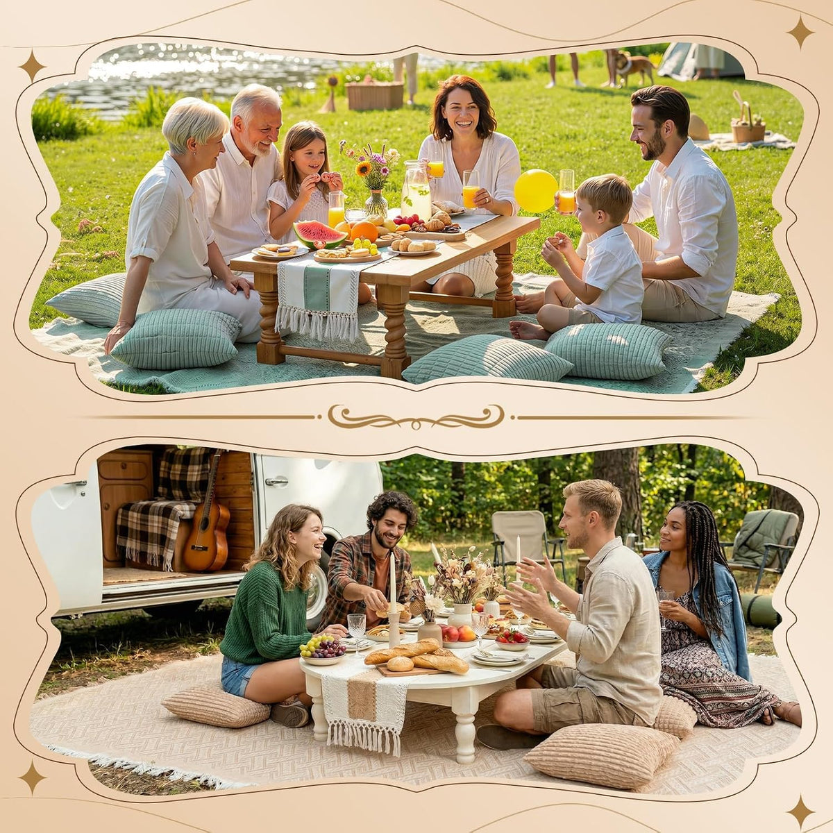 RYCHIC Extra Large Outdoor Picnic Blanket Folding Table Runner 6 Pillows Covers Oversized Sandrpoof Towel Outdoor Rug Family Trip Essentials Summer Vacation Must Have Travel Accessories Lake Day Stuff