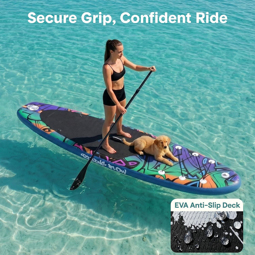 SereneLife 10’6” Inflatable Stand Up Paddle Board with Premium SUP Accessories - 32” Wide Stable Design with Non-Slip EVA Deck Pad, for Youth and Adults, 350 lbs. Capacity