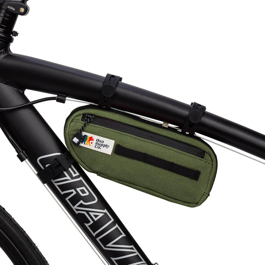 Oso Supply Co Waxed Canvas Frame Bag – Waterproof Zippers, Dual Storage Compartments, Adjustable Straps – Fits All Frame Sizes, Perfect for Cycling, Commuting, and Adventure Rides (Olive Green)