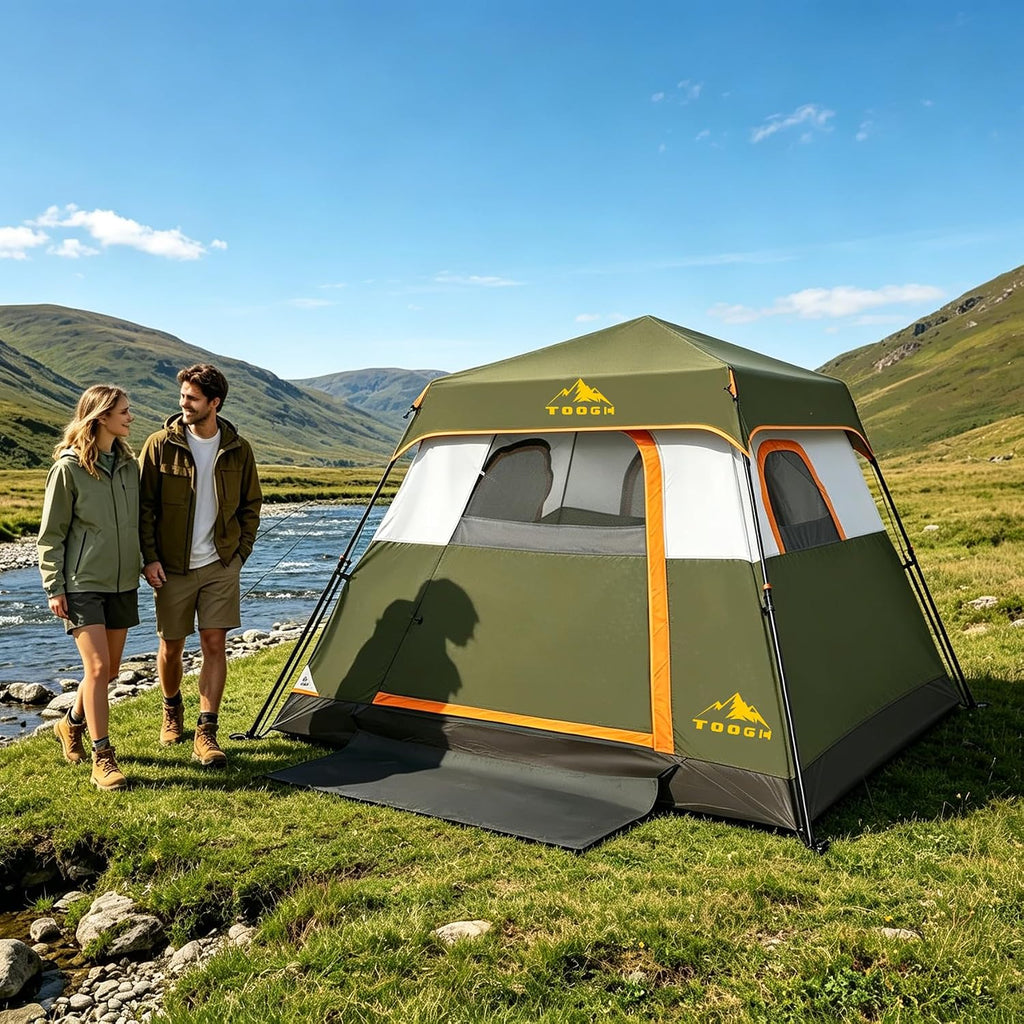 3/4 Person Camping Tent with 1 Door, 4 Windows, and Upgraded Ventilation– Instant Setup, Waterproof, 8'x 8'x 67''Oxford Fabric Floor Pop Up in 60 Seconds Includes Rainfly and Backpack