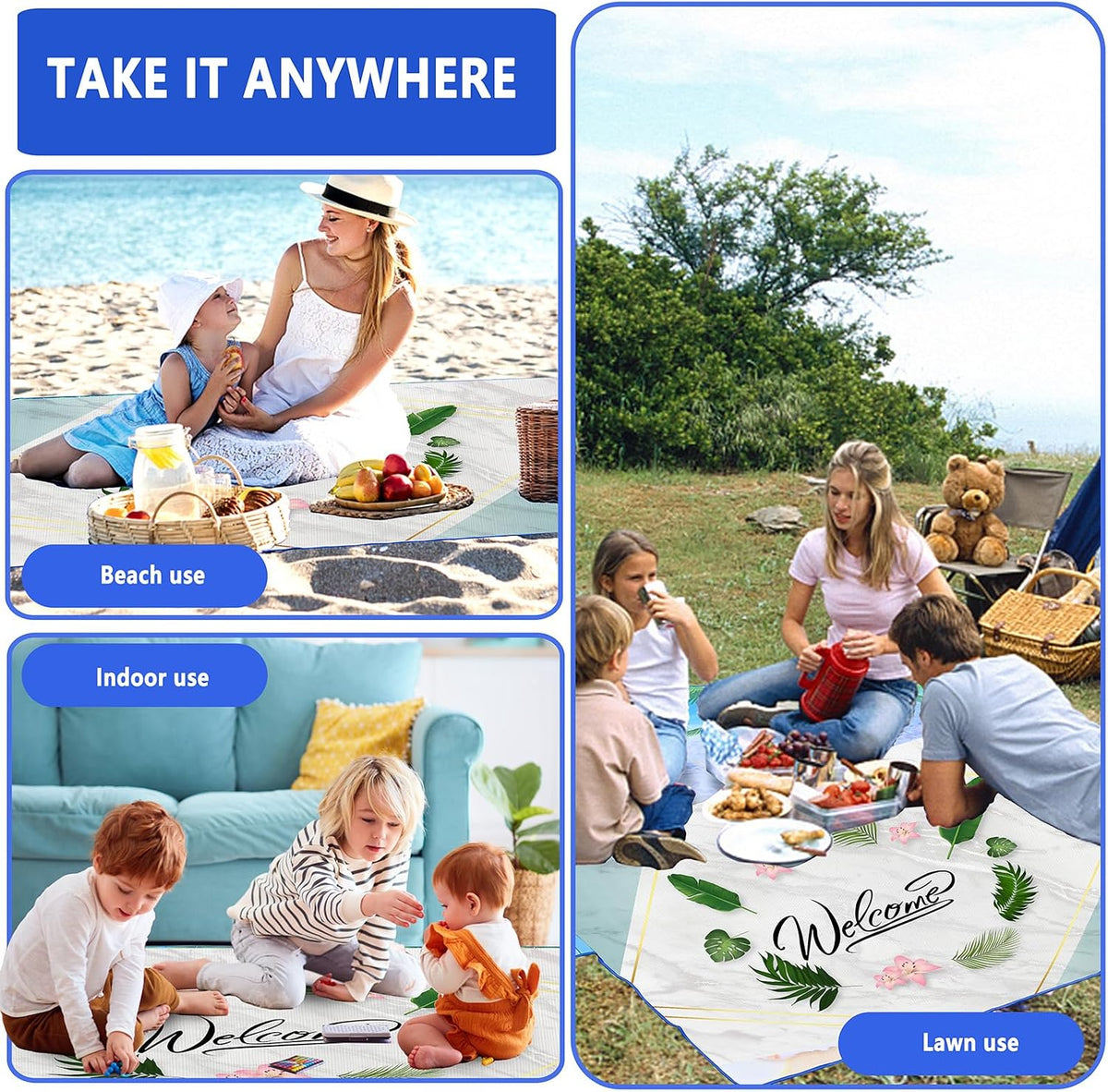 DanCoom Picnic Blanket, Foldable Waterproof Sand Mat, Extra Large Picnic Blanket Outdoor Picnic Mat Beach Blanket for Park Grass Camping Hiking Travel Family Concerts