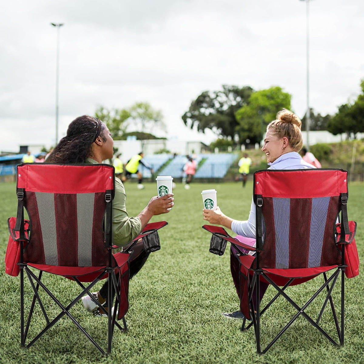 Nazhura 2 Pack Outdoor Camping Chairs Folding/Foldable/Portable with Cooler Pouch, Mesh Backrest and Cup Holder Pocket(Red, 2 Pack)