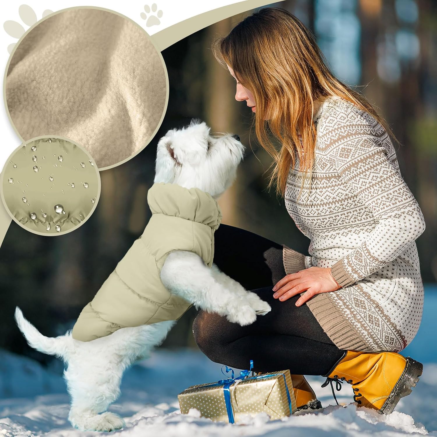 ABRRLO Winter Warm Dog Jacket for Small Medium Dogs Cat Cold Weather Coats with Harness Paded Dogs Fleece Vest Waterproof Windproof Dog Snow Jacket Pet Puppy Clothes (Khaki,XS)